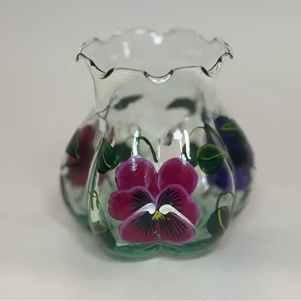 Hand-Painted Floral Glass Vase Fluted Top